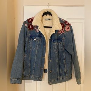 Topshop Moto Sherpa Embroidered Jean Jacket